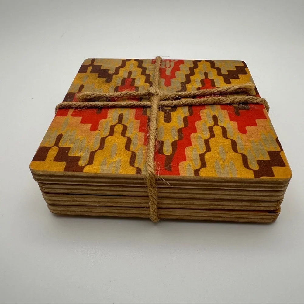 Geometric Patterned Wood Multicolor Coasters Set of 4